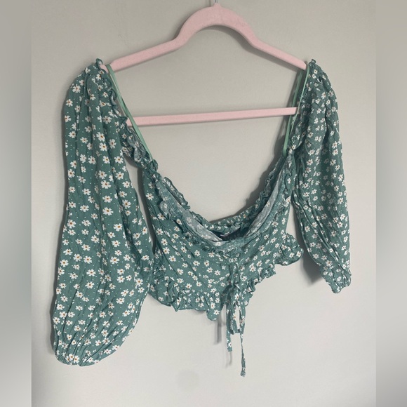 Pink Lily Sonic Blooms Sage Off The Shoulder Long Sleeve Blouse - Small - Picture 3 of 5